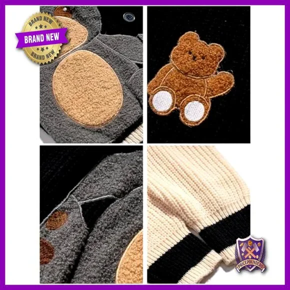 Loose Fit Cardigan Sweater with Bear Embroidery, Button Front, Long Sleeve - Picture 5 of 6